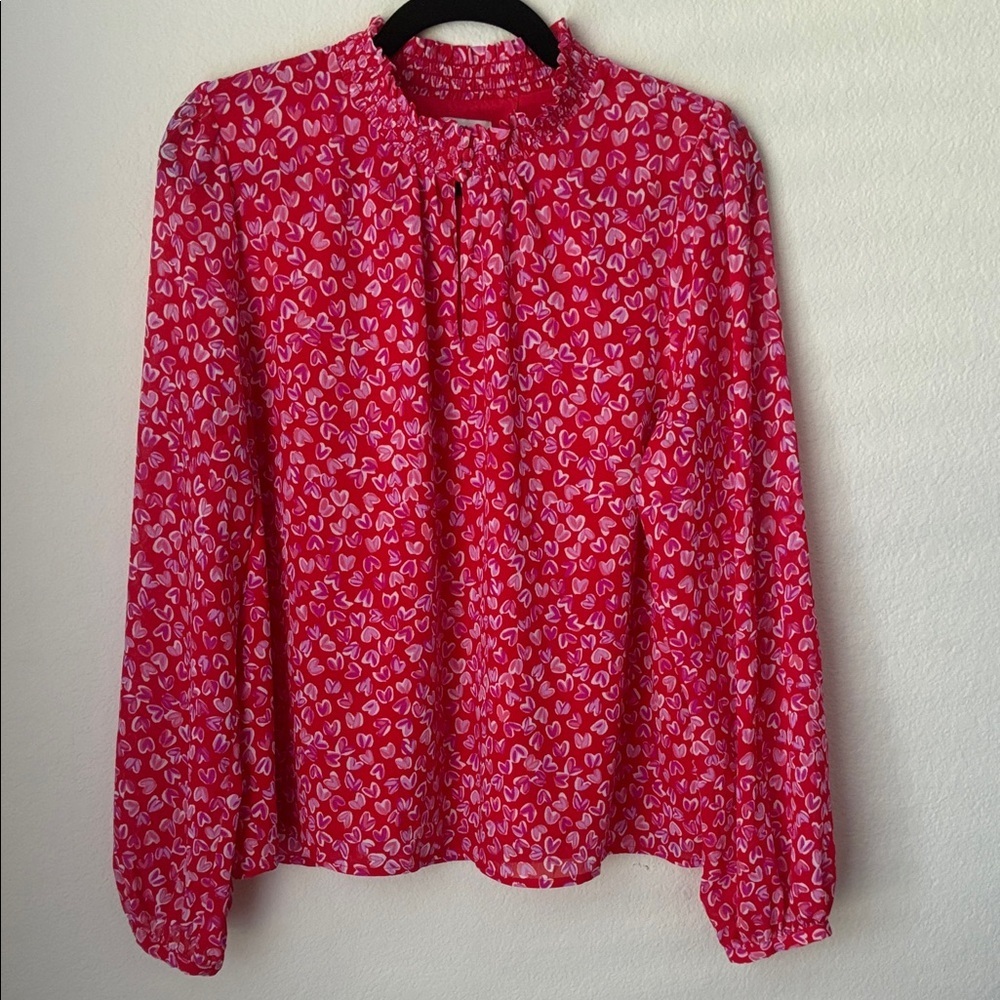 J. Crew Red Relaxed Buttoned Blouse with Mandarin Collar